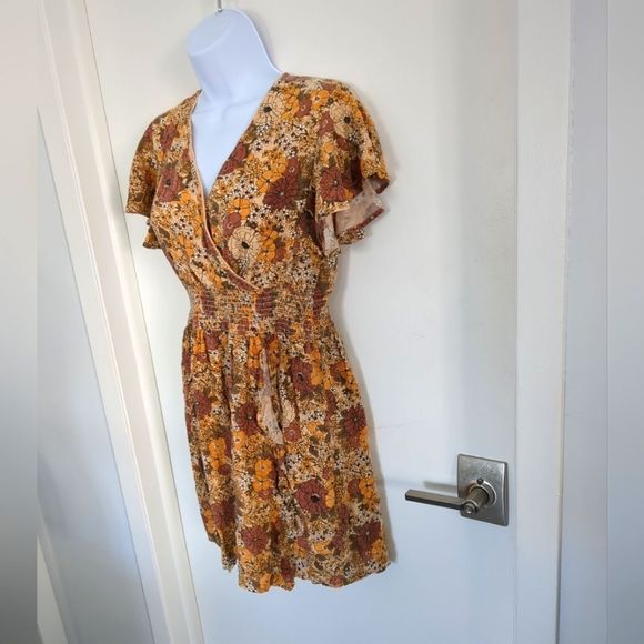 Jessica Simpson Floral Brown Beige and Orange V neck mini Dress size SX - Picture 6 of 8